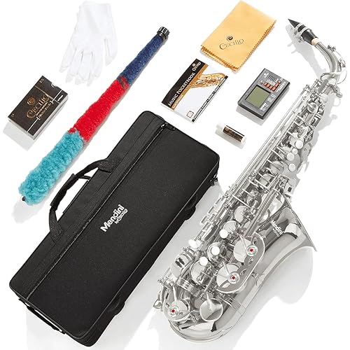 Mendini By Cecilio Alto Saxophone for Beginners, E Flat Tenor Saxophone for Students Musicians with Tuner, Mouthpiece, Case, 10 Reeds, Grease, Cleaning Cloth & Rod, Gloves, Strap, Lesson Book (Silver)