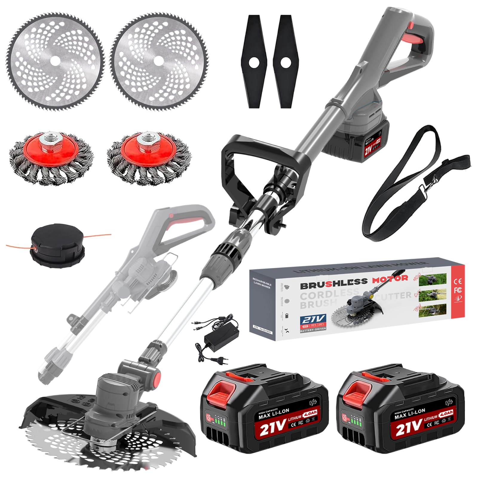 Desbrozadora eléctrica inalámbrica, corte con borde inalámbrico 4 en 1, con 2 baterías 4,0 Ah, cabeza giratoria 90°, mango ajustable, diámetro de corte: 22 cm para jardín