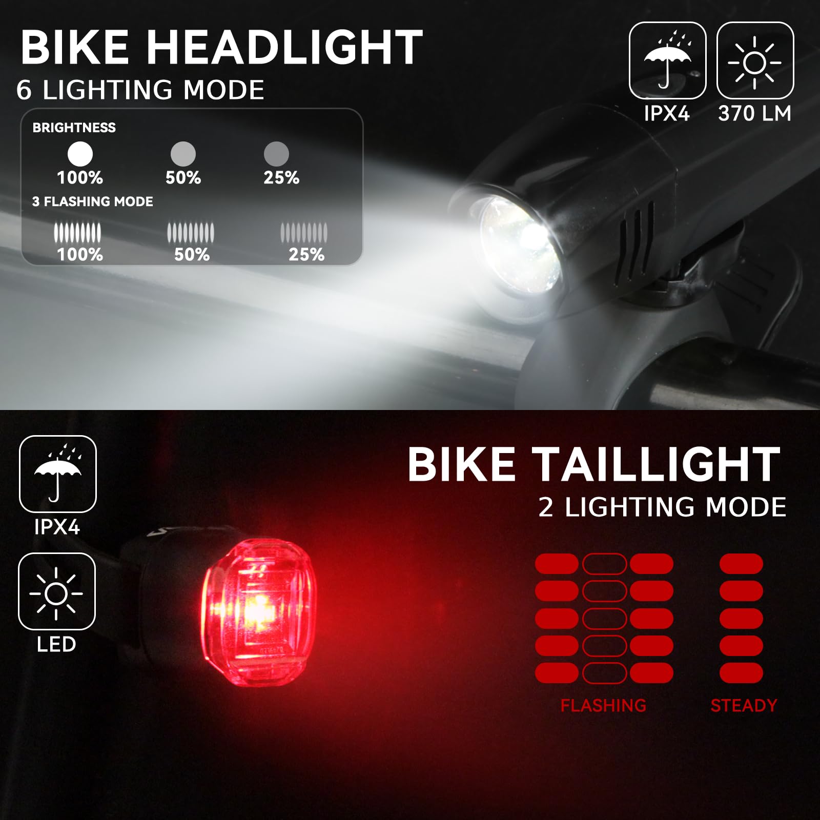 Venzio Luci per bici, faro e fanale posteriore per bici ricaricabili USB-C, 6+2 modalità luci anteriori e posteriori per guida notturna, set di luci per bicicletta impermeabili IPX4, accessori per