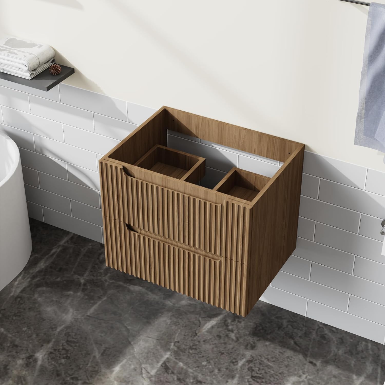 24” Wall-Mount Bathroom Vanity Floating Bathroom Cabinet in Walnut, Sink Basin Not Included