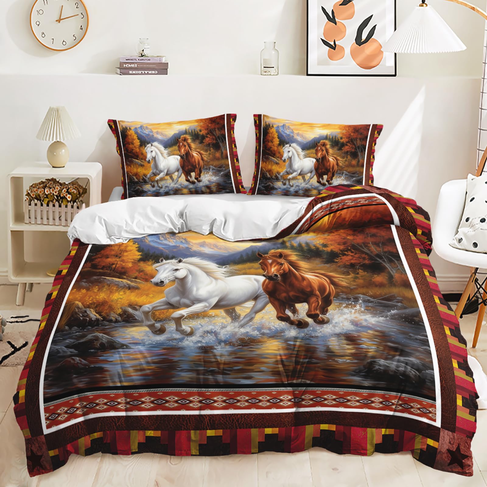 Housse de couette 160x200 cheval rouge parure de lit microfibre lavable avec taies 65x65