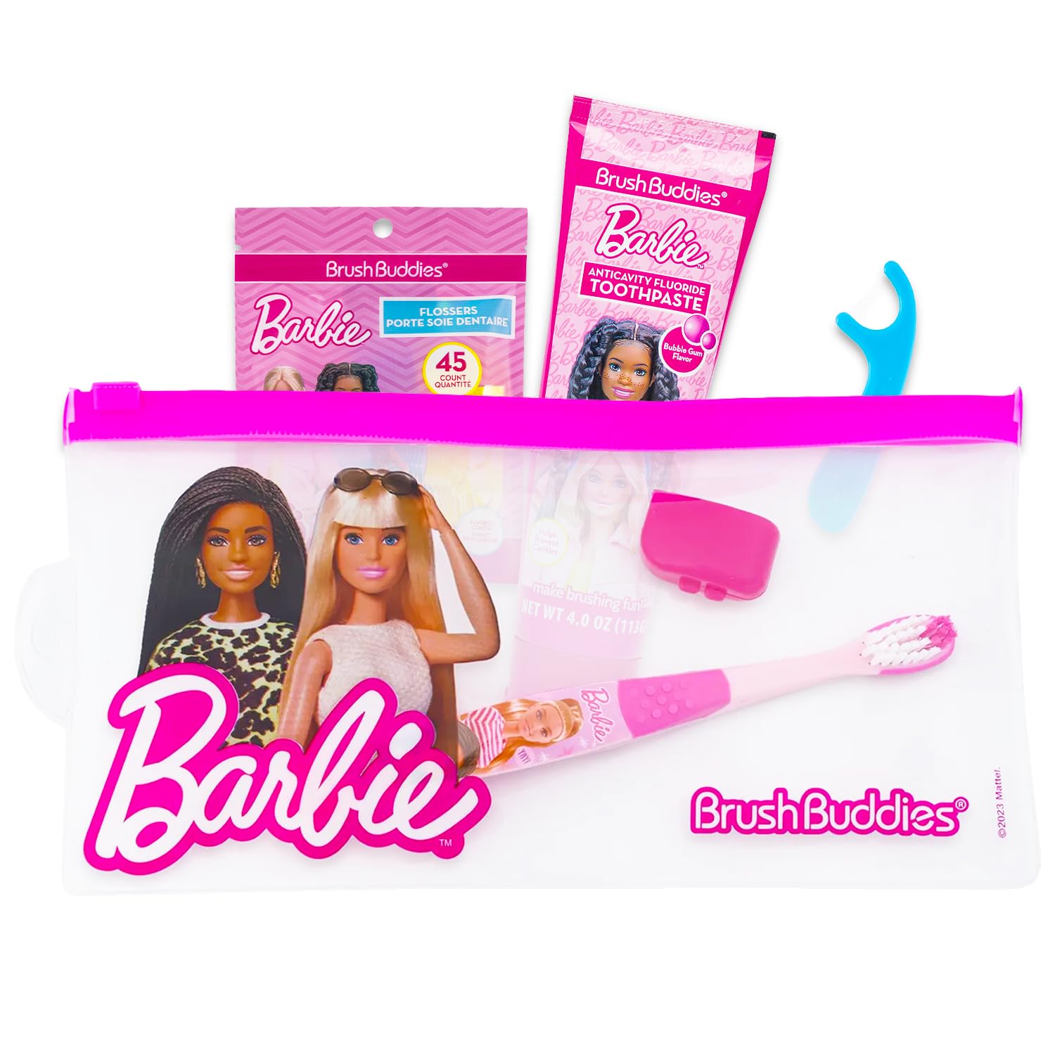 Barbie Mundpflege-Reise-Set für Kinder – Set mit Zahnbürste mit Abdeckung, Zahnpasta, Zahnseide-Packung, Reisetasche und mehr für Mädchen, Kleinkinder | Barbie Zahnbürsten-Set