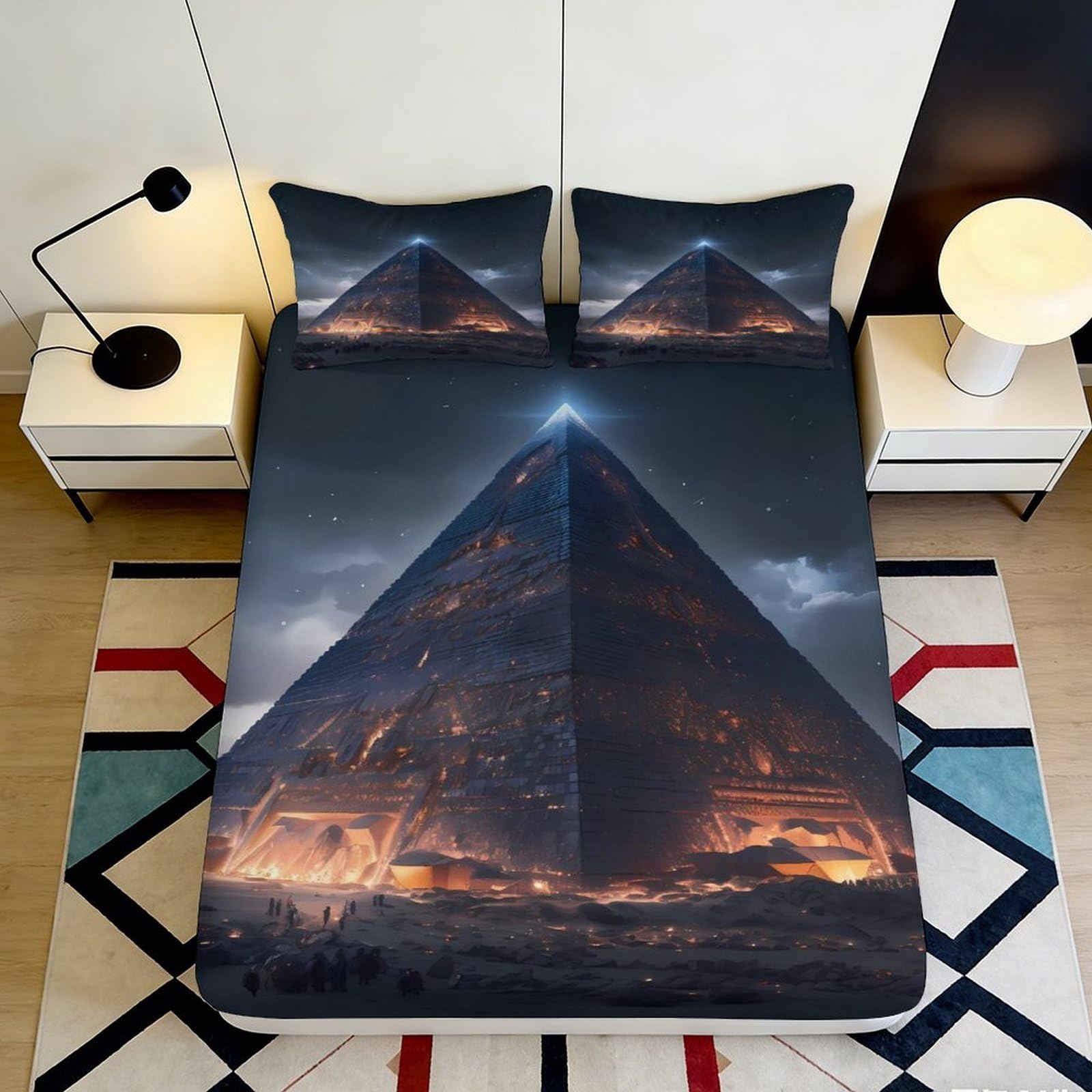 Uynsixtme Style-4 3D Printed Pyramid Design Fitted Sheet Microfiber Deep Pocket For Adults Bedroom Bedding Pyramid Mattress Fitted Cover Elastic Hem Washable 140X200x25cm