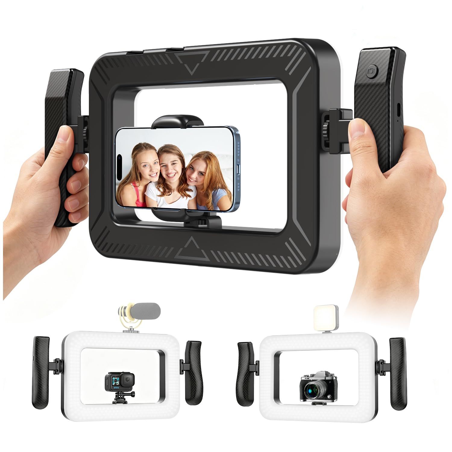 yAyusi Stabilisateur de Téléphone Portable avec Lumière Intégrée,Lampe Annulaire LED 3600 mAh pour l'enregistrement Vidéo,Support pour Smartphone,Idéal pour Les Vlogs et TikTok