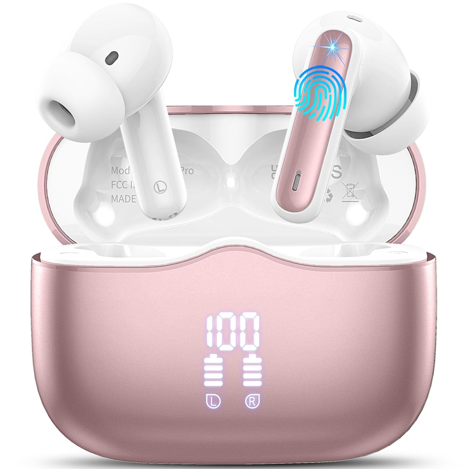 Auriculares Inalambricos Bluetooth, Auriculares Bluetooth 5.4 con Reducción de Ruido 4 Mic, 40H Cascos Inalambricos con HiFi Estéreo, Pantalla LED, IP7 Impermeable, Carga Rápida, Ajuste Cómodo, Rosa