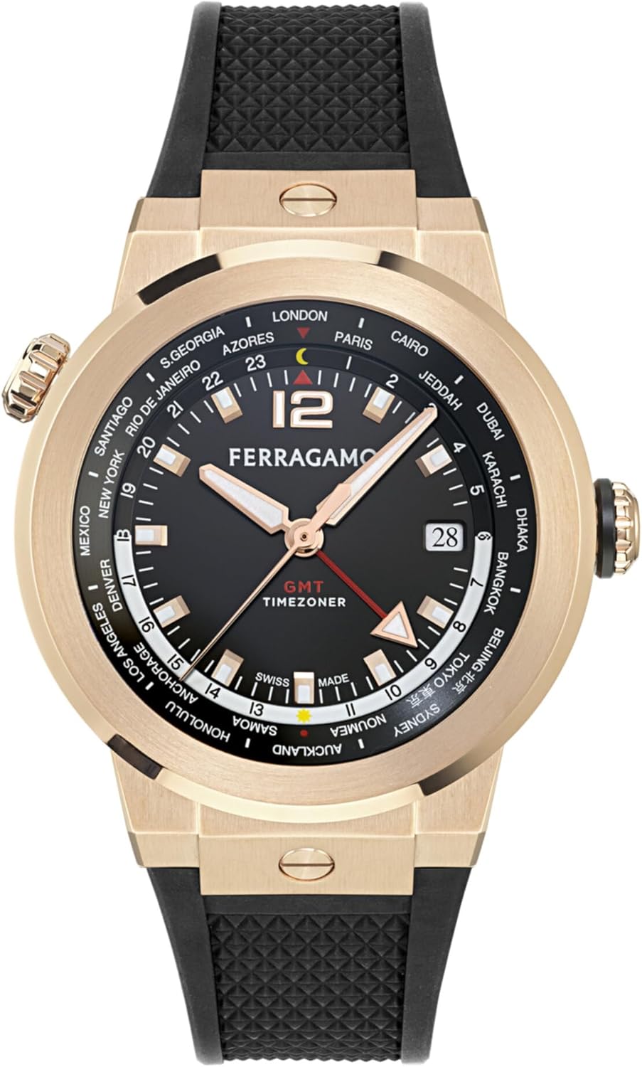 Ferragamo F-80 GMT Worldtime Collection Luxury Mens Watch Timepieces with a Black Strap and Dial Featuring a Rosegold Case