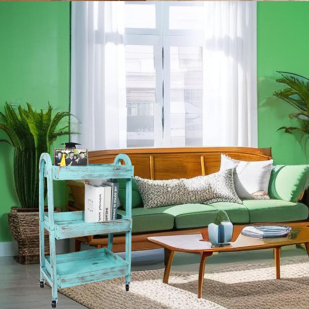 3-Tier Wooden Rolling Cart- Wooden Utility Cart wit Wheels- Utility Rolling Cart-Storage Trolley Organizer- Rolling Kitchen Serving Cart for Office,Kitchen, Kids' Room (Retro Blue)