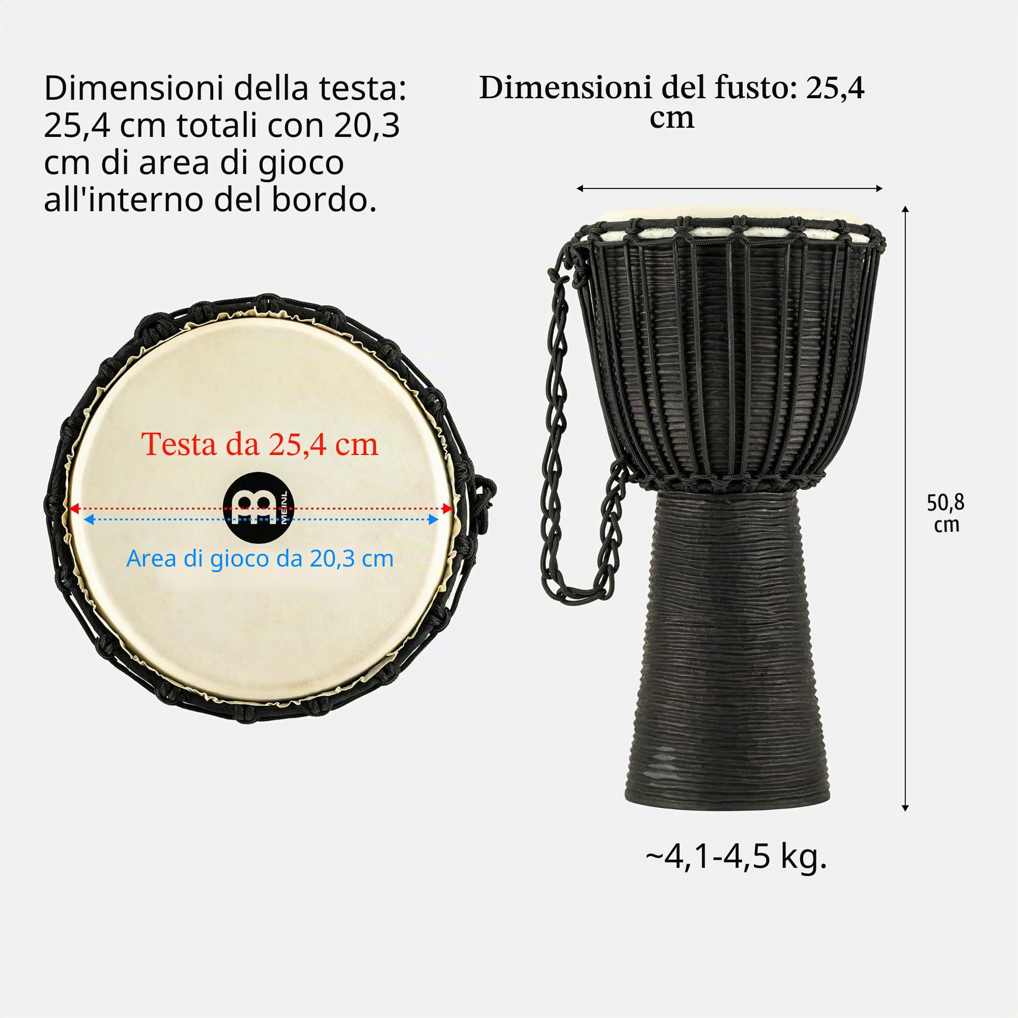 Meinl Percussion HDJ3-M, Djembe in legno, Serie Headliner/Black River, Tiraggio a Corde, Diametro 10", 25.4 cm, Misura M, Nero