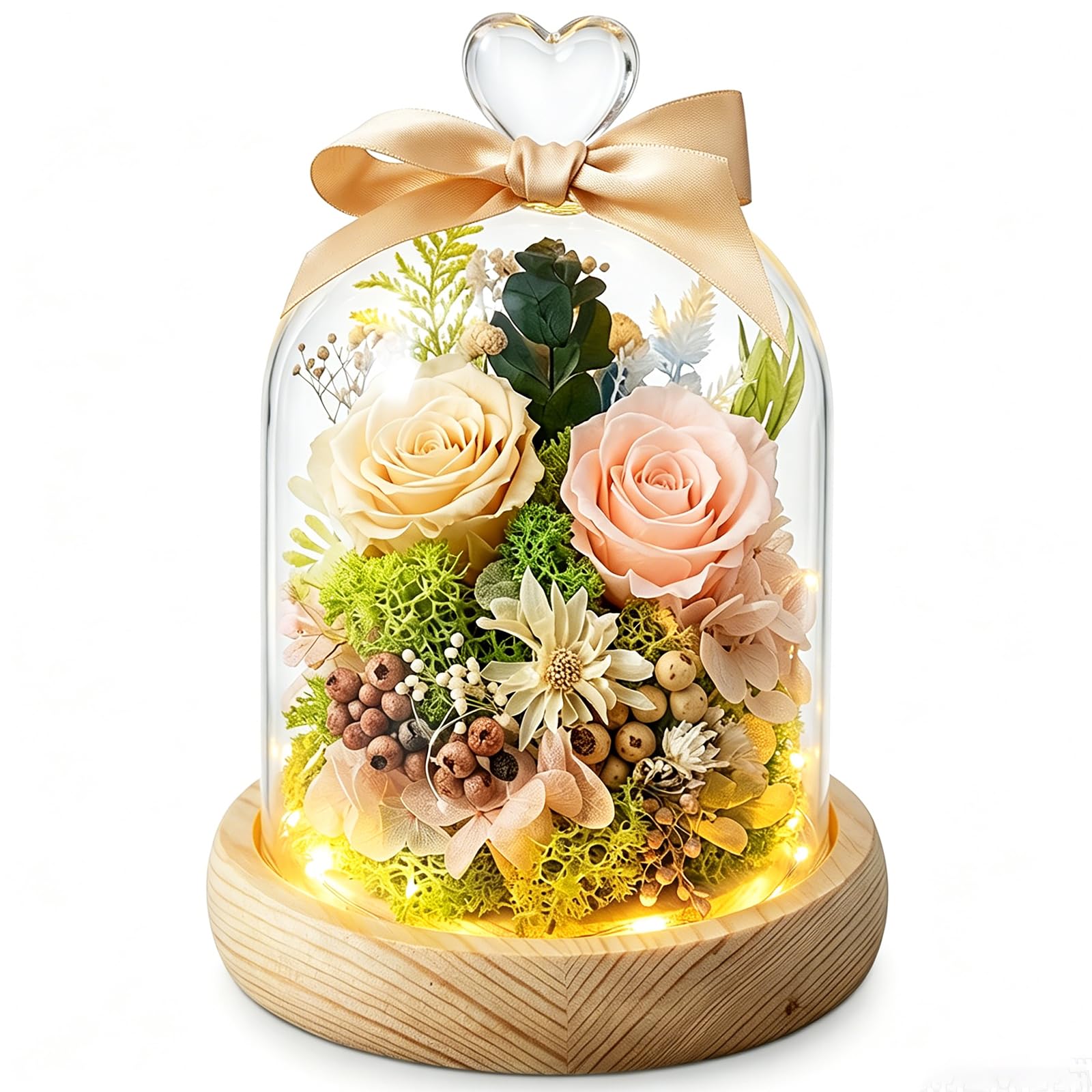 Strackvial Preserved Rose in Glass Dome with LED, Forever Flowers, Birthday Gifts for Mom, for Women, Anniversary Valentine's Day Gifts for Her Wife Grandma, Home Decor (Champagne)