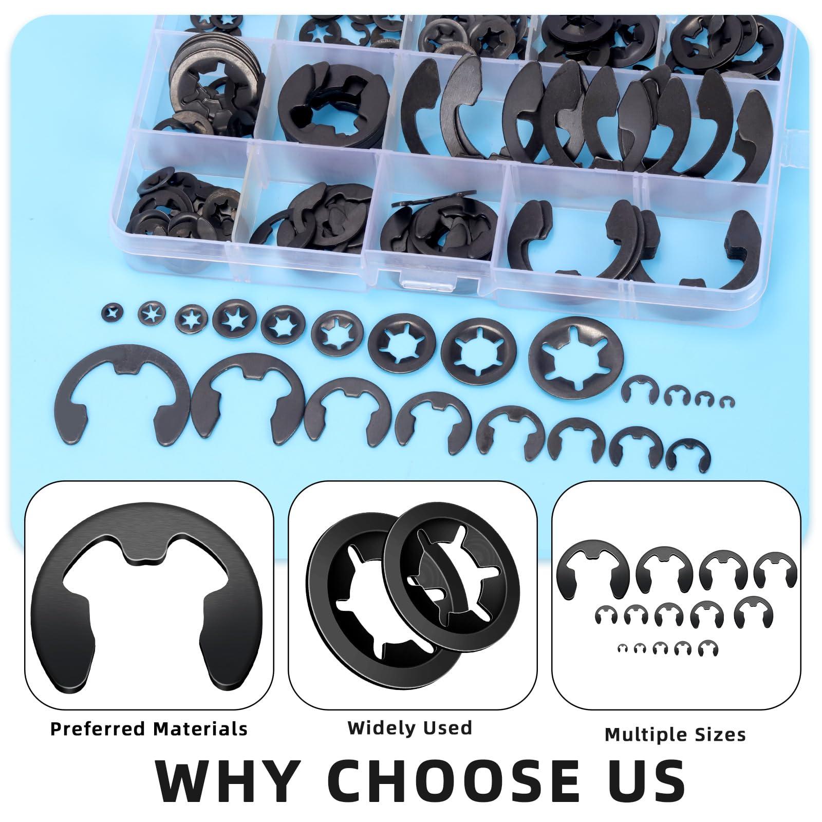 Glarks 261pcs 65Mn-Steel Internal Tooth Star Lock Washers and E-clip Retaining Rings Kit Includes 100pcs 9 Sizes Push on Locking Washers and 160pcs 14 Sizes E-Ring Circlip Rings and A Tweezer - Image 4