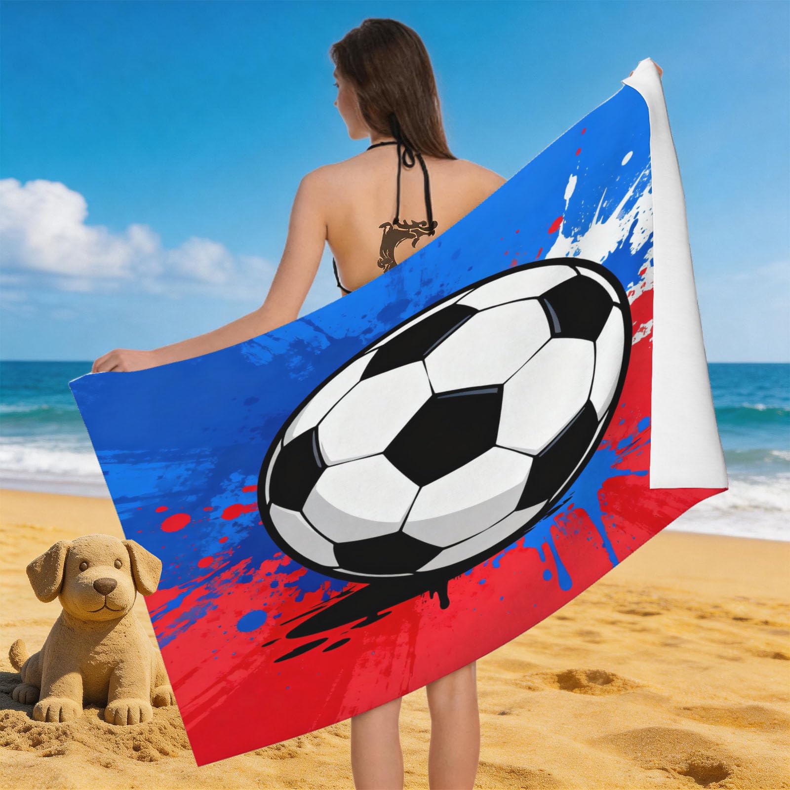 Leichong 3D Soccer Ball Beach Towel Microfiber Soft Quick Dry for Adults, Sports Theme Bath Towel Lightweight Soft Absorbent for Travel Swimming Pool Sports, 75 x 150 cm