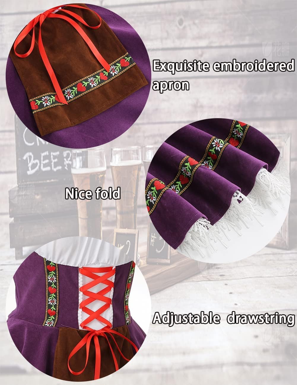 maxToonrain Oktoberfest Outfit Women Purple,Women's German Beer Bavarnian Traditional Short Sleeve Off Shoulders Halloween Costume Fancy Dress for Womens(Purple S) - Image 4