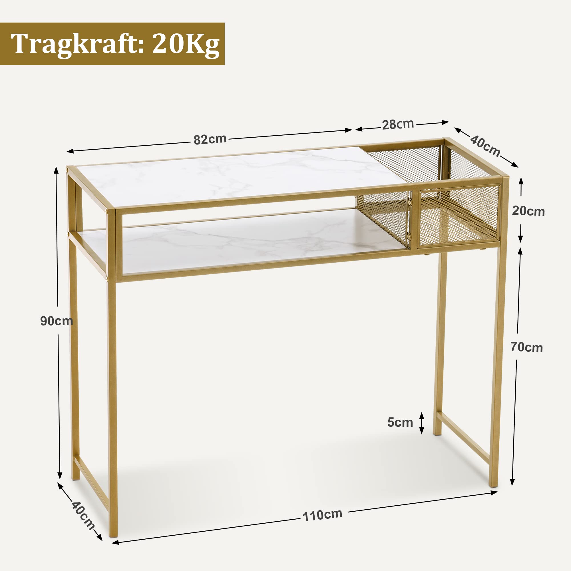 M MCombo Tavolo consolle sottile marmo oro, moderno tavolino con 2 ripiani e struttura in metallo, ingresso per corridoio, soggiorno, camera da letto, 110 x 40 x 90 cm, 2276