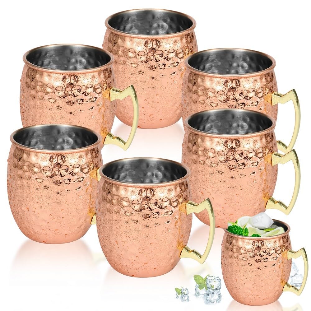 Moscow Mule Copper Mugs, 16 oz Moscow Mule Mugs Set of 2 Hammered Copper Cups with Gold Brass Handles Large Capacity Cups Handcrafted Copper Mugs for Cold Drinks Cocktails Wine Beer Bars (6Pcs)