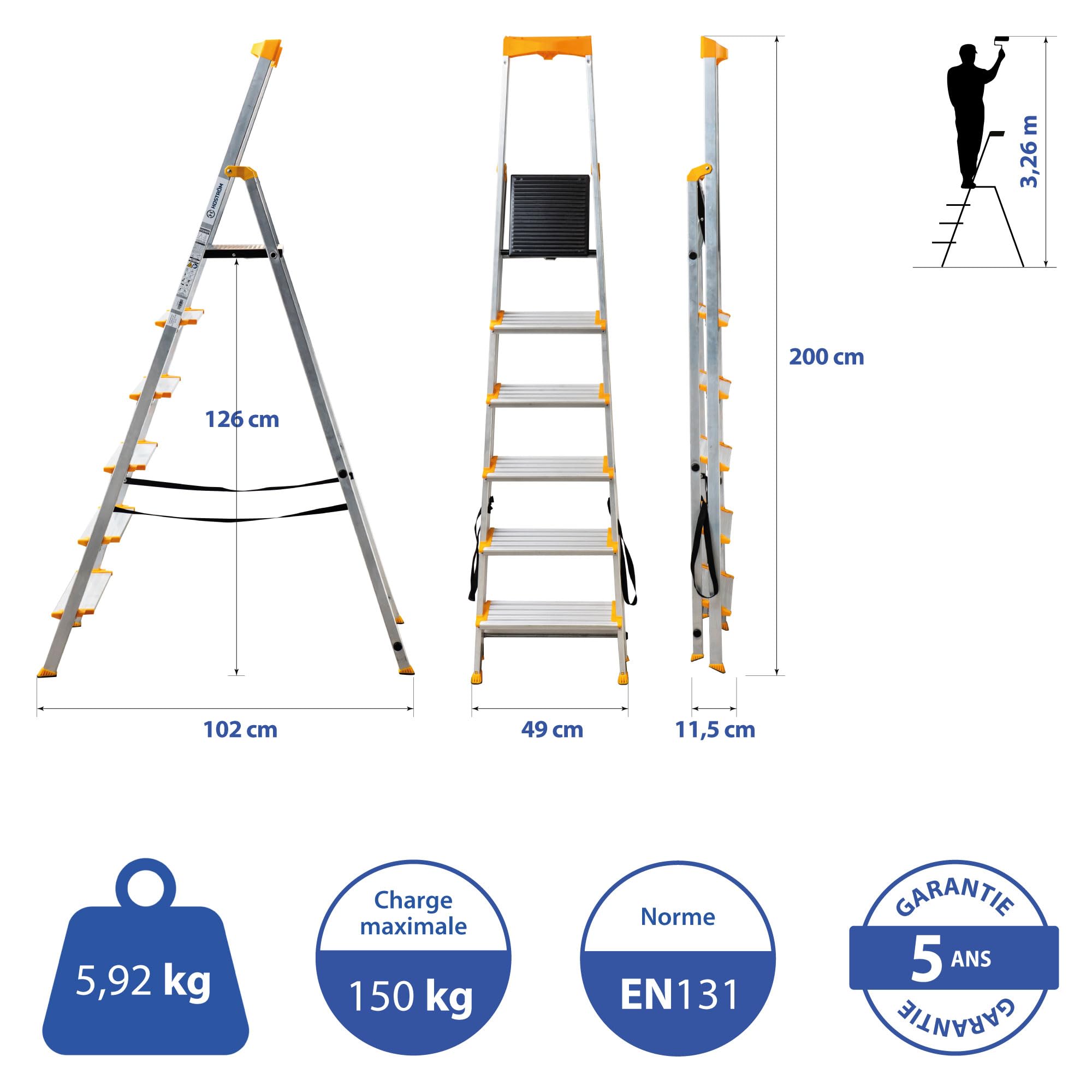 HOSTROM aluminiowa drabina 6 stopni, bezpieczna składana drabinka, uchwyt na narzędzia, bardzo szerokie stopnie 12 cm, do użytku domowego i profesjonalnego, 5 lat