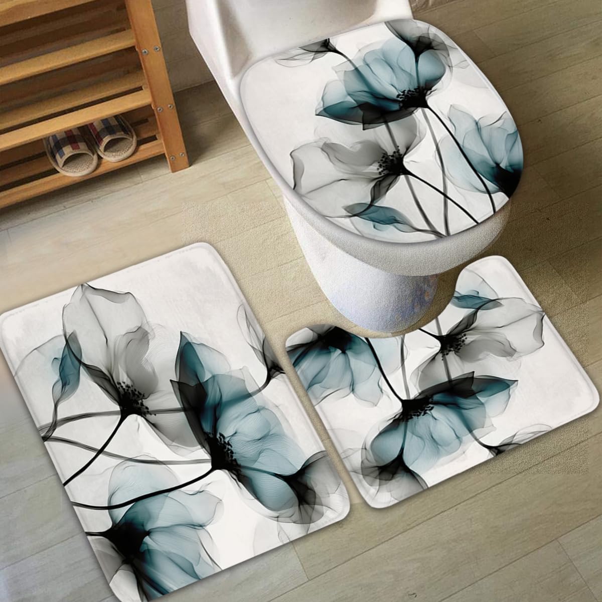 Riyidecor 4PCs Gray Blue Floral Shower Curtain Bathroom Set with Non-Slip Rugs, Toilet Lid Cover and Bath Mat Watercolor Flower Waterproof 12 Pack Hooks 72x72 inch Shower Ink Painting Curtain Decor