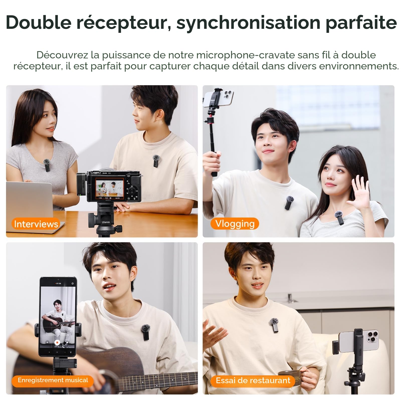 ULANZI A100 Micro Cravate sans Fil pour iPhone/Android/Caméra, Micro Cravate avec Réduction du Bruit, Fixation Magnétique, Plug & Play pour l'enregistrement vidéo, Youtube, TikTok, Vlog(2 Mics)