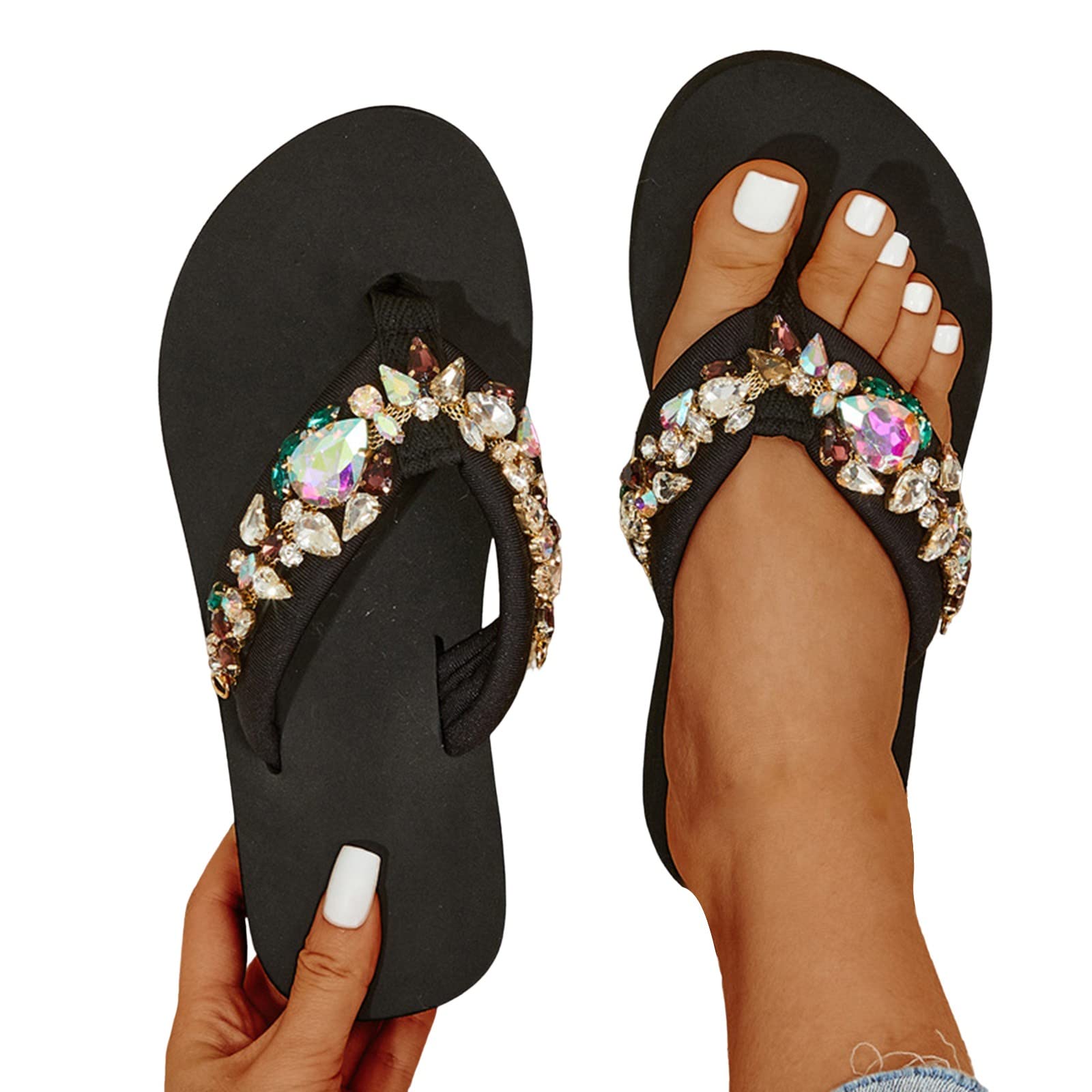 Hbeylia Flower Rhinestone Wedge Flipflops For Womens Trendy Summer Boho High Heel Platform Nonslip Beach Thong Sandals Crystal Jeweled Sandal Shoes