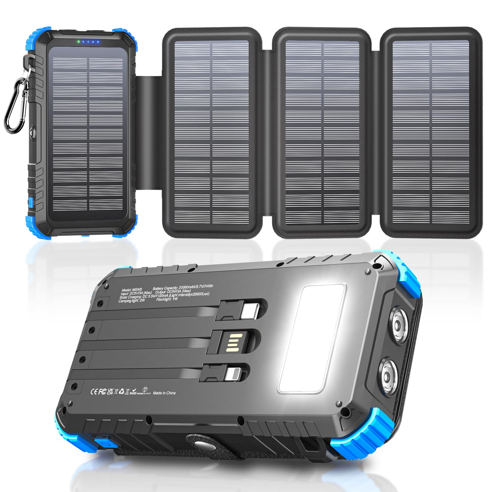 Power Bank Solare da 20000mAh con 4 Pannelli Solari, Power Bank USB C da 15W a Ricarica Rapida, 5 Uscite con 3 Cavi, Caricabatterie Solare Portatile per Esterni con Moschettone e Torce per Telefoni