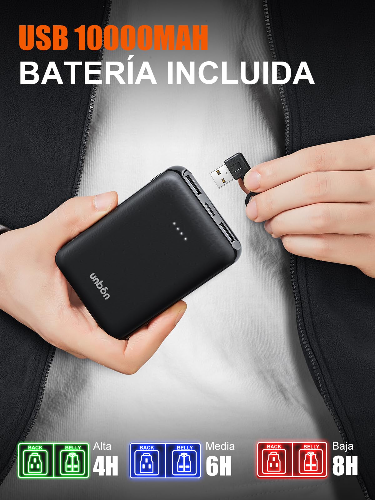 UNBON Chaqueta Calefactable Hombre con Batería USB 10000mAH, Chaqueta con Calefacción Hombre Polar Termica con 3 Temperaturas 6 Zonas de Calor, Abrigo Cazadora Calefactable Para Moto Trabajo Negro S