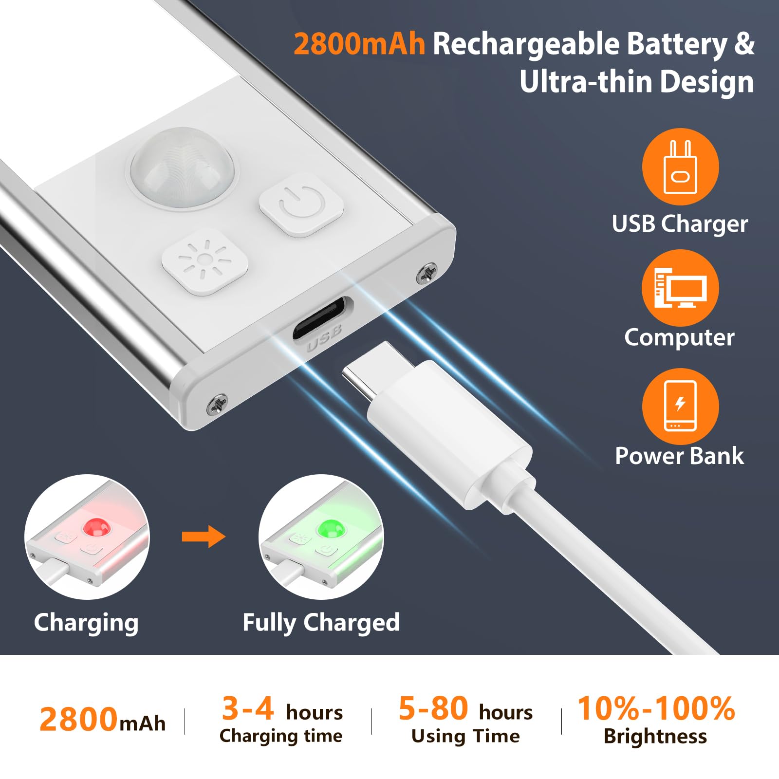 Luz de Armario Sensor Movimiento con 3 Colores Temperatura, 41CM Recargable Lampara LED Adhesiva, Regulable Luz Nocturna para Cocina,Gabinete,Escalera,Sótano,Garaje-1PCS