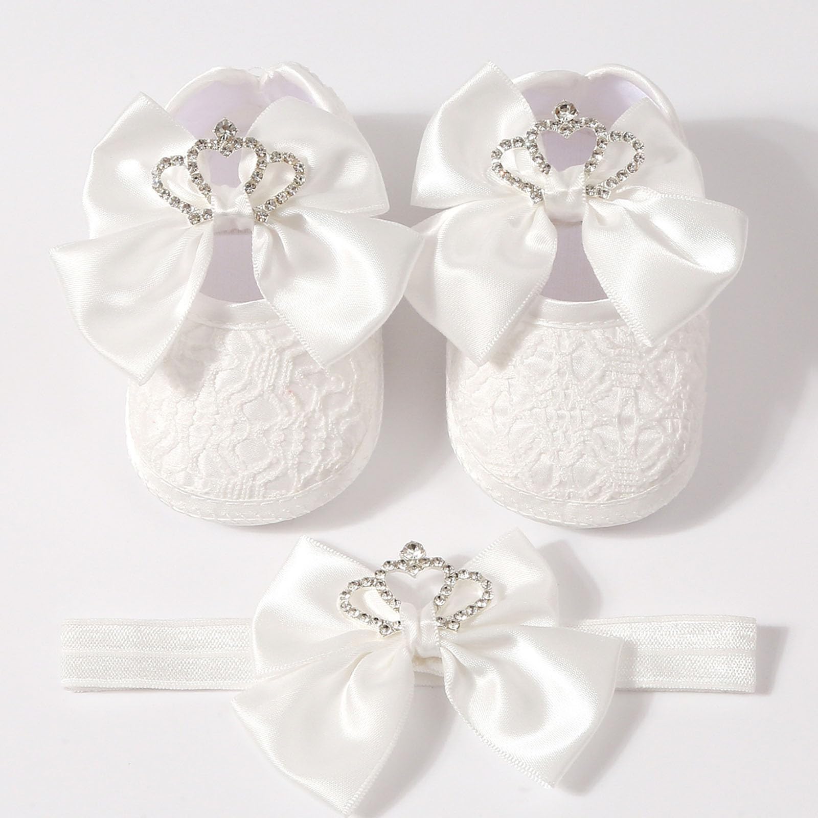 Stylish Crowns Bowknot Design Newborns Girl Shoe Headband Set Feature Soft Soles and Comfortable Fabric Soft Baby Footwearsophisticated Child Girl Footwear — view 7