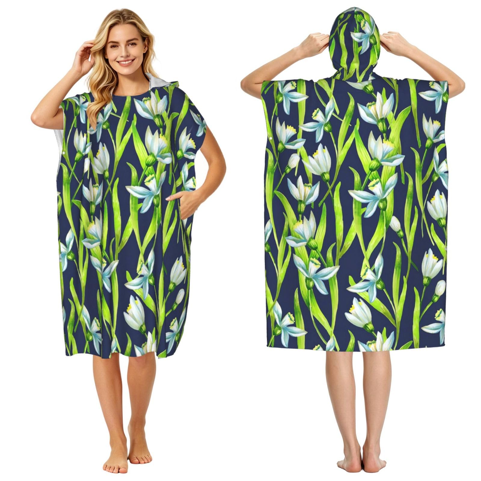 Poadnly Snowdrop Flowers, Adult Hooded Beach Towel 90 x 110 cm,Changing Bath Robe, Surf Poncho Towel For Women Men