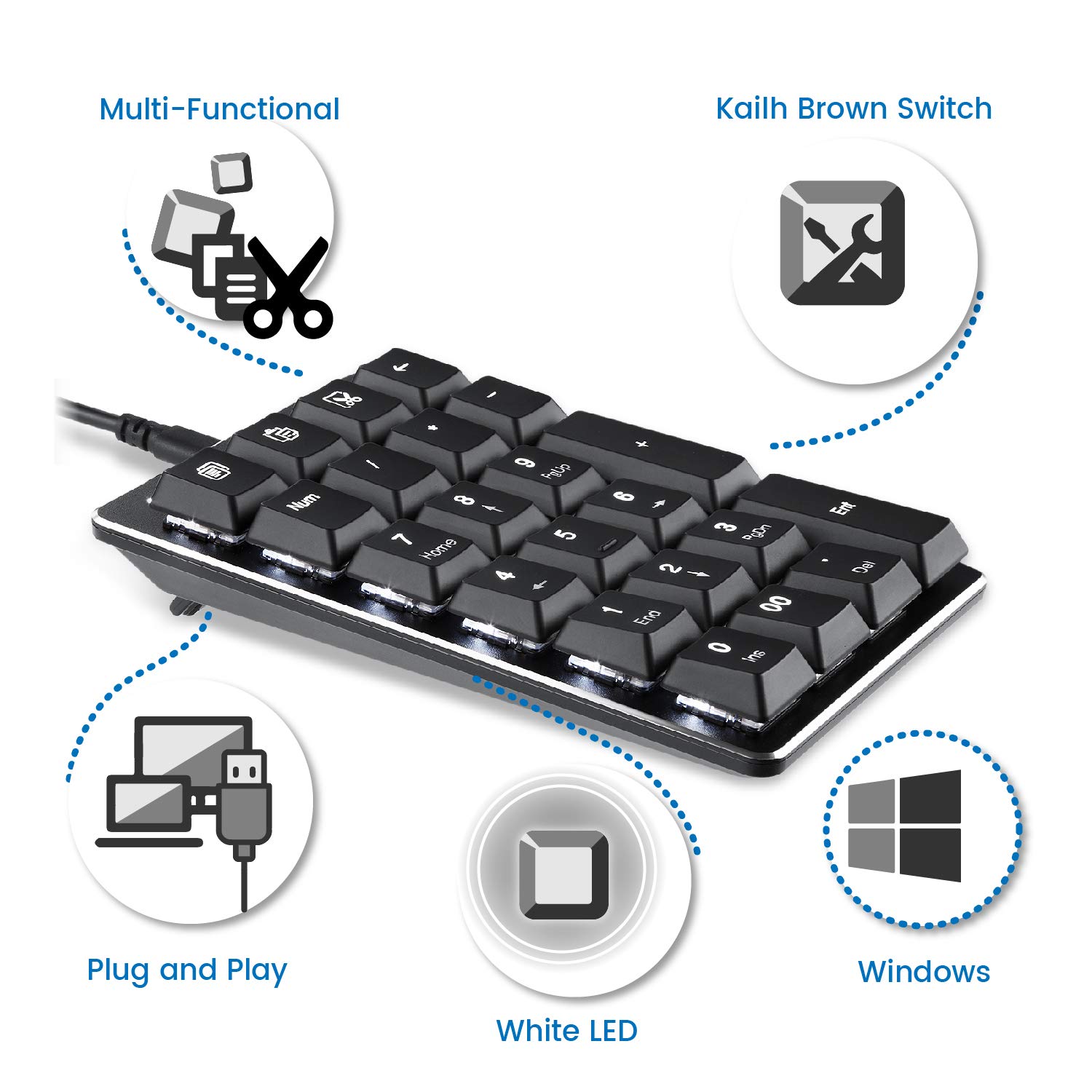 Perixx PERIPAD-303 Teclado numérico mecánico retroiluminado USB con Cable, tamaño Completo, 22 Teclas