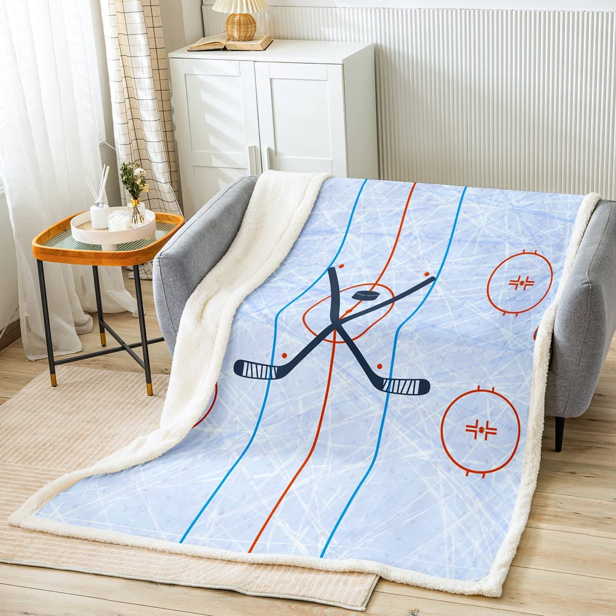 Ice Hockey Kids Throw Blanket,Hockey Stadium Rink Bed Blanket Bedroom/Sofa Decor,Winter Event Ball Games Lovers Fleece Blanket,Modern Stylish Fuzzy Blanket,Throw Size (50 x 60 Inches)