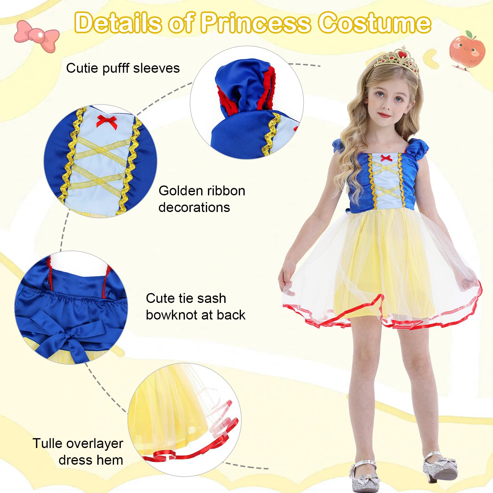 Berich Princess Costume Kids with 3PCS Princess Costumes for Girls Halloween Outfit Christmas Gifts World Book Day Costumes Week Dressing up Kids Dress 4-5 Years(Yellow,130) - Image 2