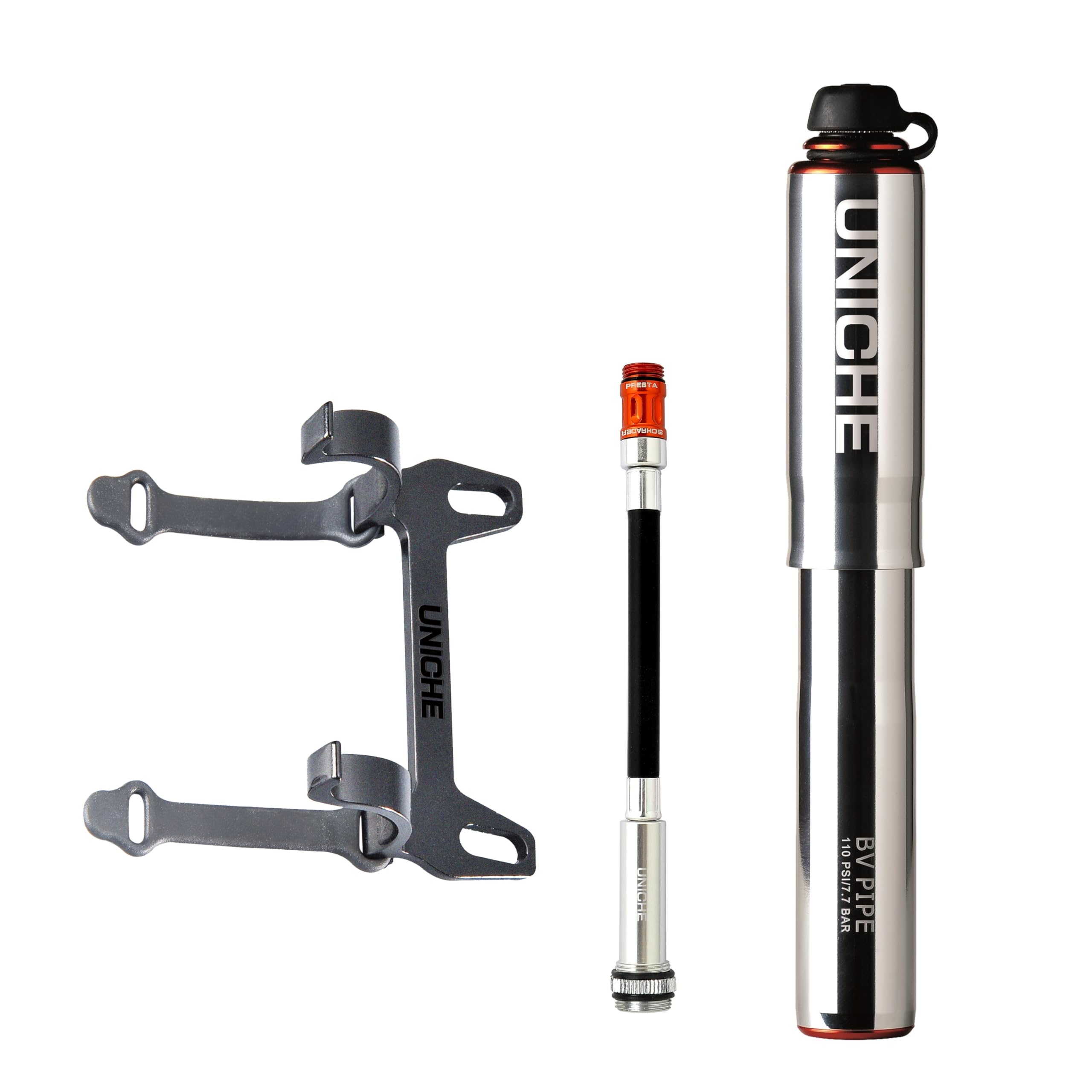 UNICHE Tech BV Mini Bicycle Pump with Gauge - 110 PSI, Presta & Schrader Compatible, Portable Frame Bicycle Pump for MTB, Gravel Bike [Small-Silver]