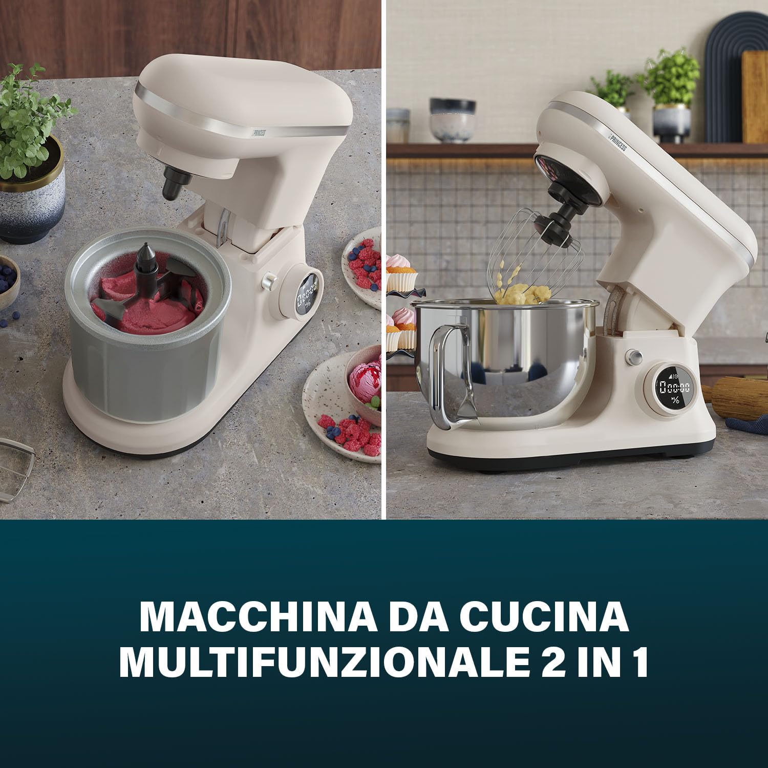 Princess Robot da cucina digitale Nordic, Ciotola 5 L Inox, 8 Velocità, Controllo Digitale, Gelatiera, 1200 W, Senza BPA, Piedini Antiscivolo, Lavabile Lavastoviglie, 220138