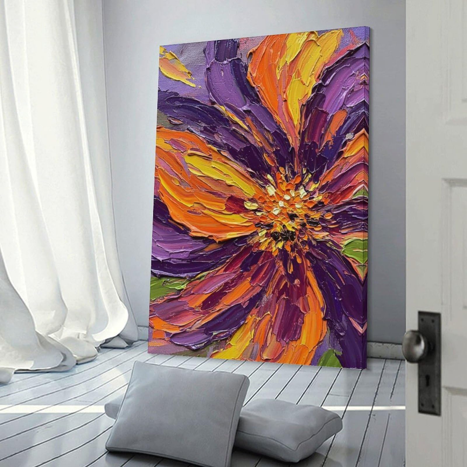 Junmoney Frame-Style-5 Impasto Flower Painting Purple, Orange, Yellow Canvas Wall Art 20X30inch(50X75cm), For Workspace Walls, Study Corners Or Bedrooms, Wall Art That Adds Style To Work Areas
