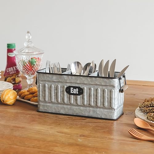 Miniatura 3 de NIKKY HOME Farmhouse - Organizador de cubiertos galvanizado de 3 compartimentos con mango de madera, organizador de cubiertos para encimera de