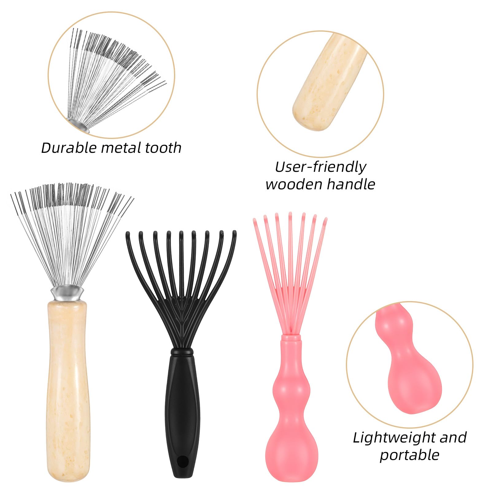 Lot de 3 mini brosses à cheveux - Nettoyeur de brosse à cheveux - Brosse à cheveux - Râteau en fil métallique - Peigne pour enlever les cheveux, la poussière, la saleté, les peluches, le salon de
