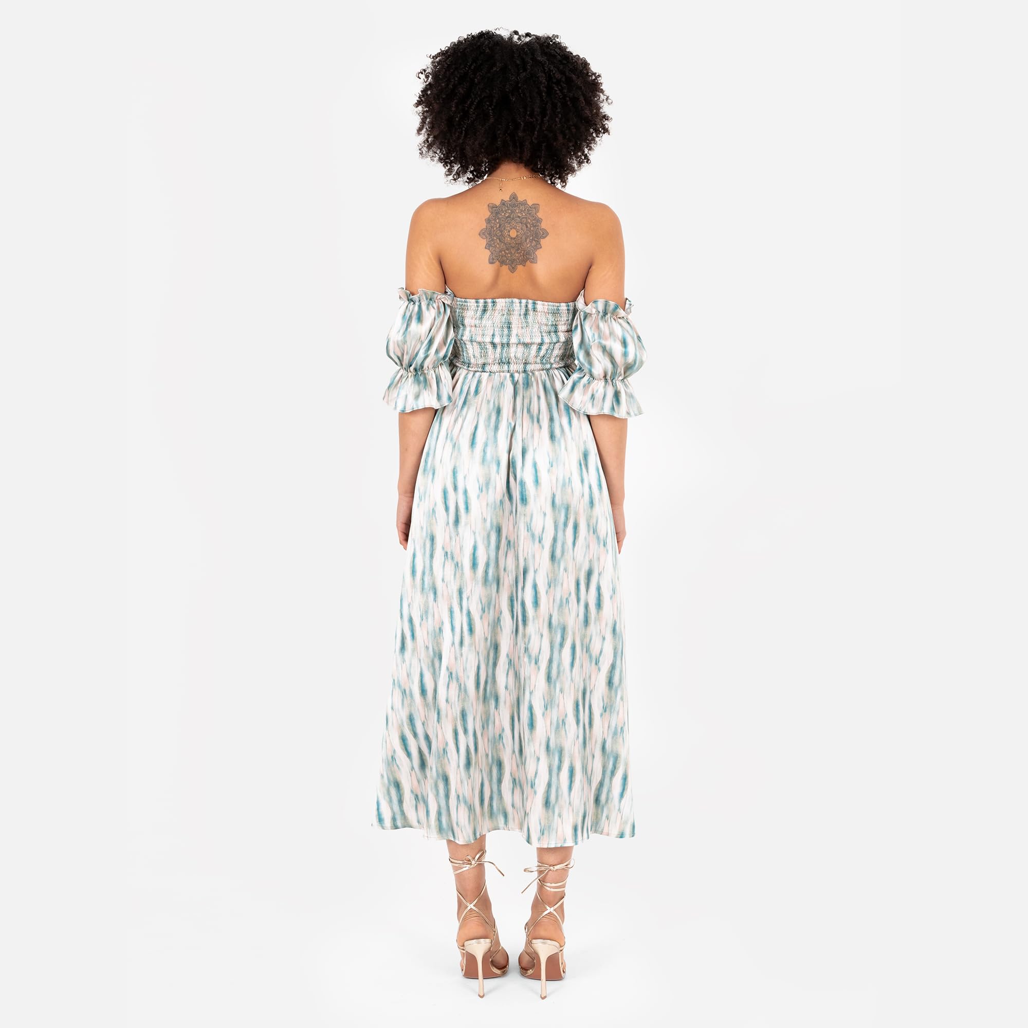 Lovedrobe Vestido para Mujer Midaxi Bardot Off-The-Shoulder Neckline Short Ruffle Sleeve A-Line Split Leg Abstract Print