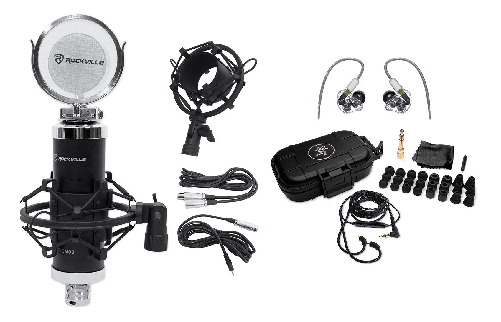 Mackie MP-320 Triple Dynamic Driver Professional In-Ear MonitorswithHard Case Bundle with Rockville RCM03 Pro Studio Recording Condenser MicrophonewithMetal Shock Mount