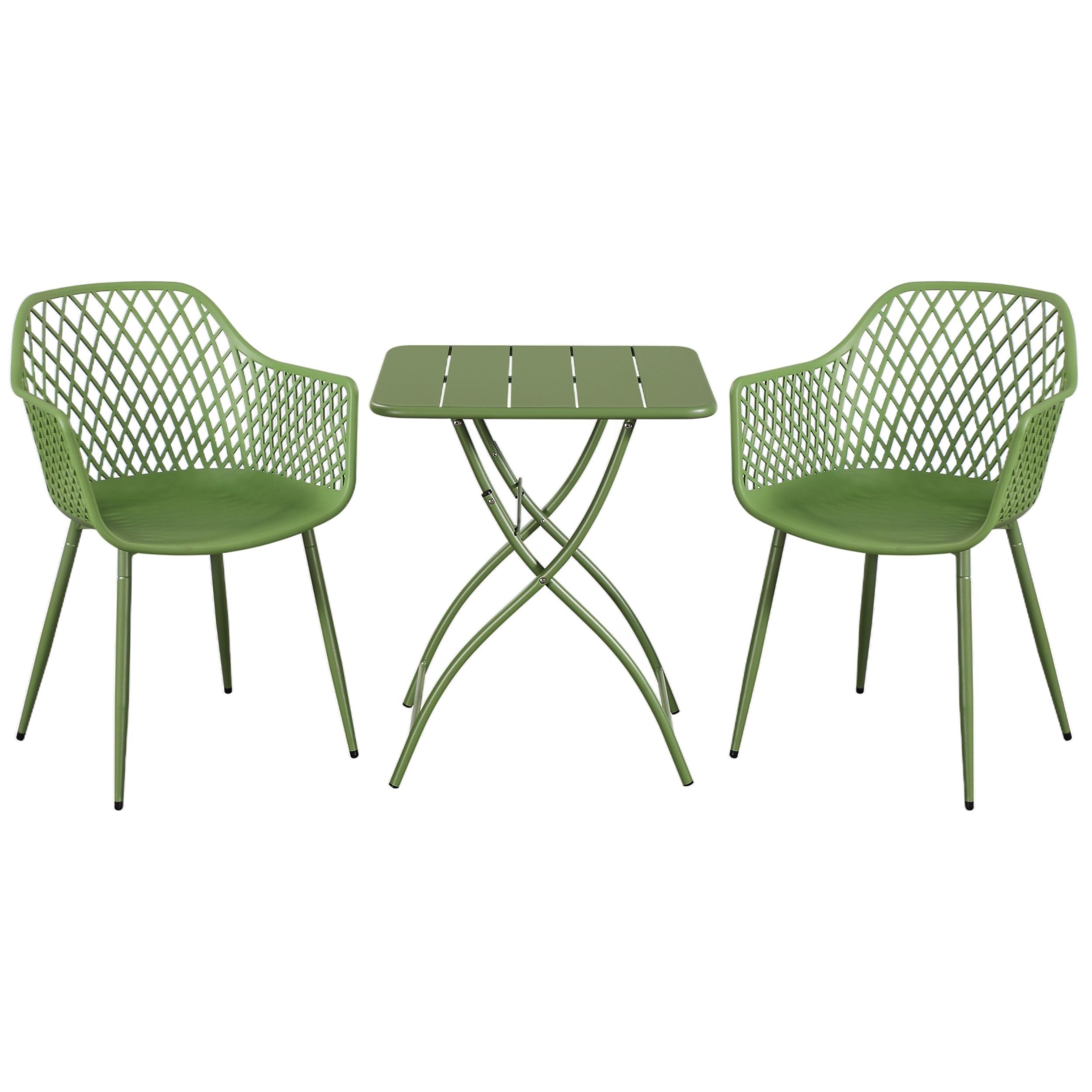 Core Products 3-Piece Bistro Garden Set, Pair Of Lattice Armchairs & Folding Metal Table, Weather Resistant & Anti-Fade Paint, Patio Balcony Yard Garden Pool, Conversation Set
