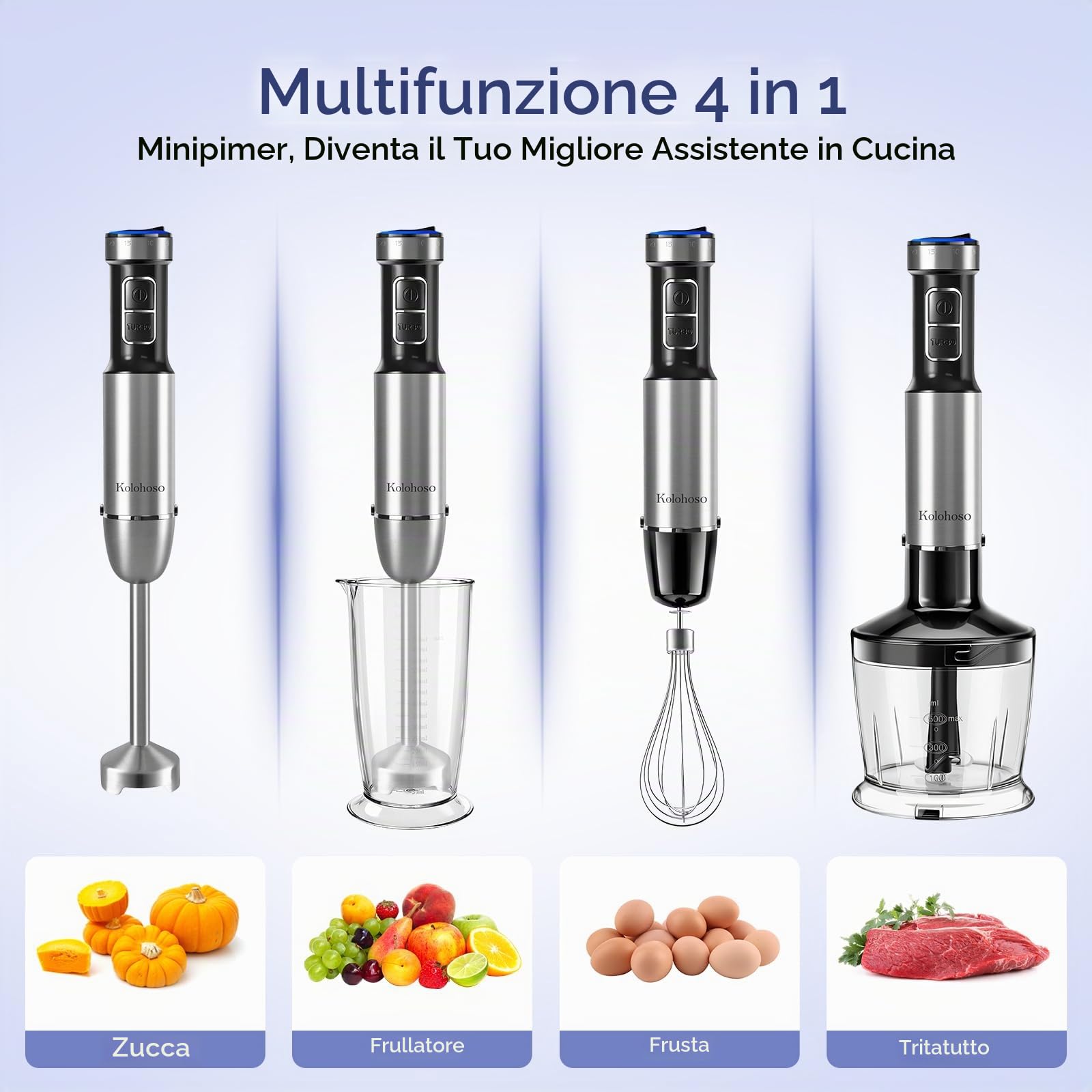 1500W Frullatore a Immersione 4 in 1 da 25 Velocità e TURBO | Multifunzione Immersione, Mixer Cucina con Frusta Tritatutto da 500 ml e Misurino da 700 ml per Preparare Pappe Zuppe e Salse