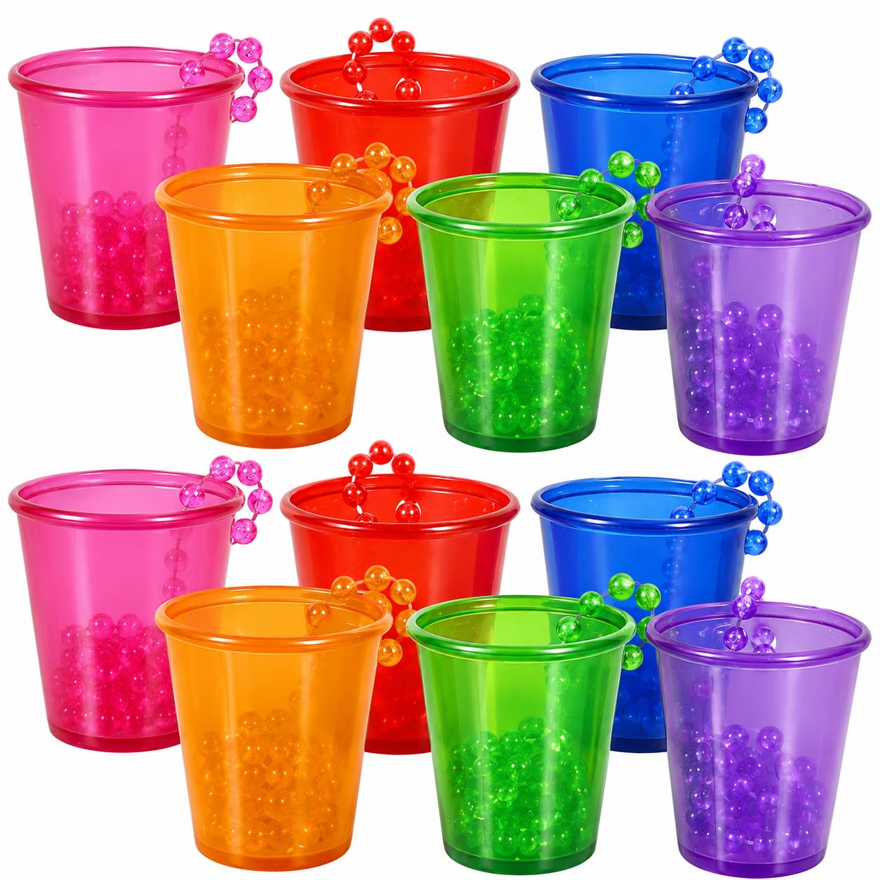 VAVPUP 12 Pcs Shot Glass Necklace,Beaded Shot Glass for Hanging Colourful Luminous,Reusable Adult Party Favors for Tailgating,Halloween,Wedding,Birthday,Graduation,Mardi Gras,Hen Night Party(12Pcs)