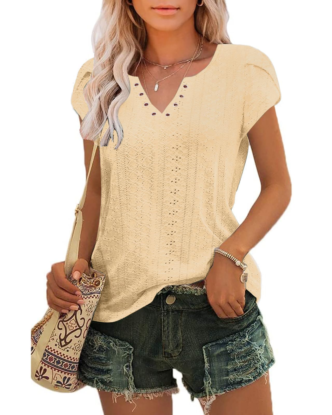Tanmolo Damen Sommer T-Shirt mit Lochstickerei V-Ausschnitt & Tulpenärmeln | Atmungsaktive Lochstickerei, Elegante, Bequemes Oberteil, Regular Fit, Formstabil, Vielseitig Kombinierbar, Pflegeleicht