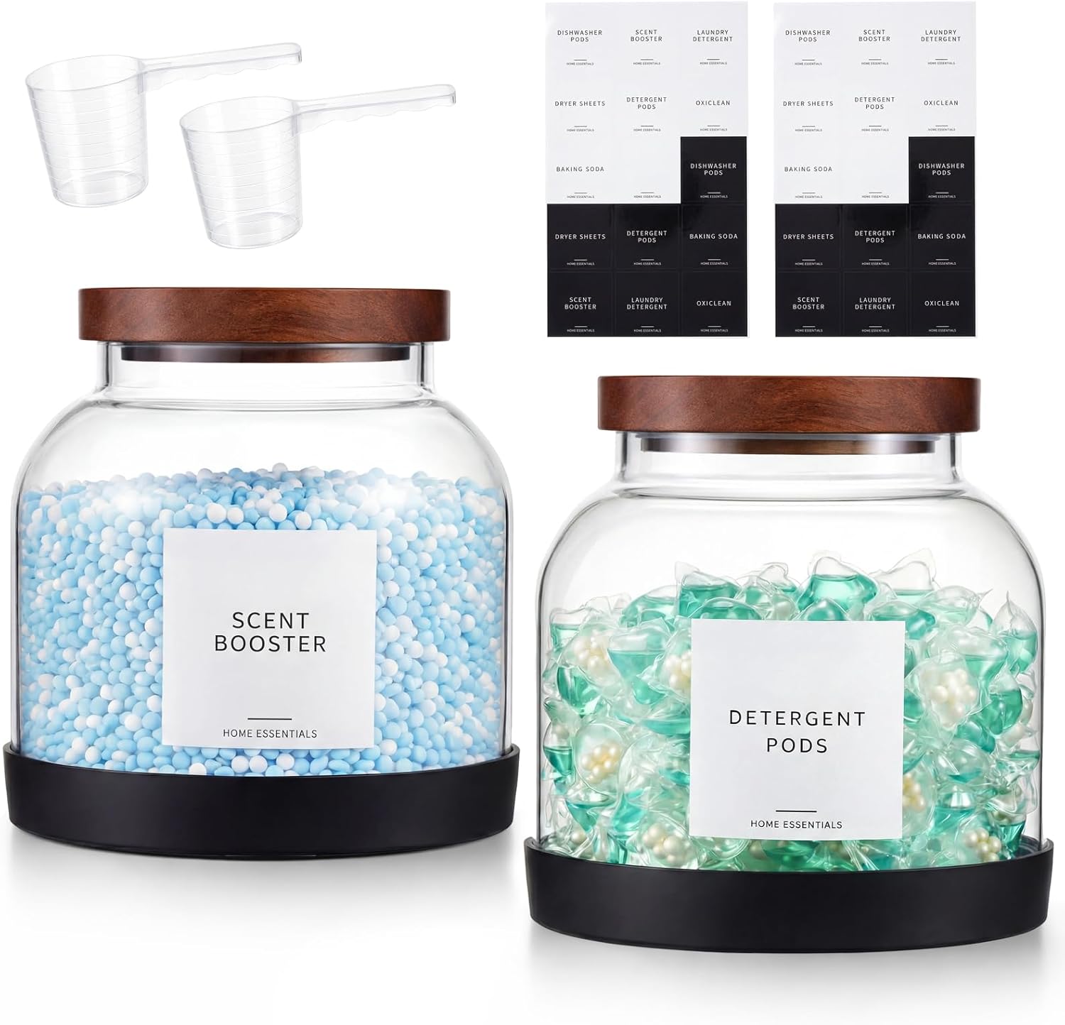 Zhehao 2 Pack Glass Laundry Pods Container with 30 Labels, Scoops, Non Slip Base, Wood Lid, Half Gallon Laundry Detergent Container Powder Containers Canisters Set Laundries Room Organization Jars