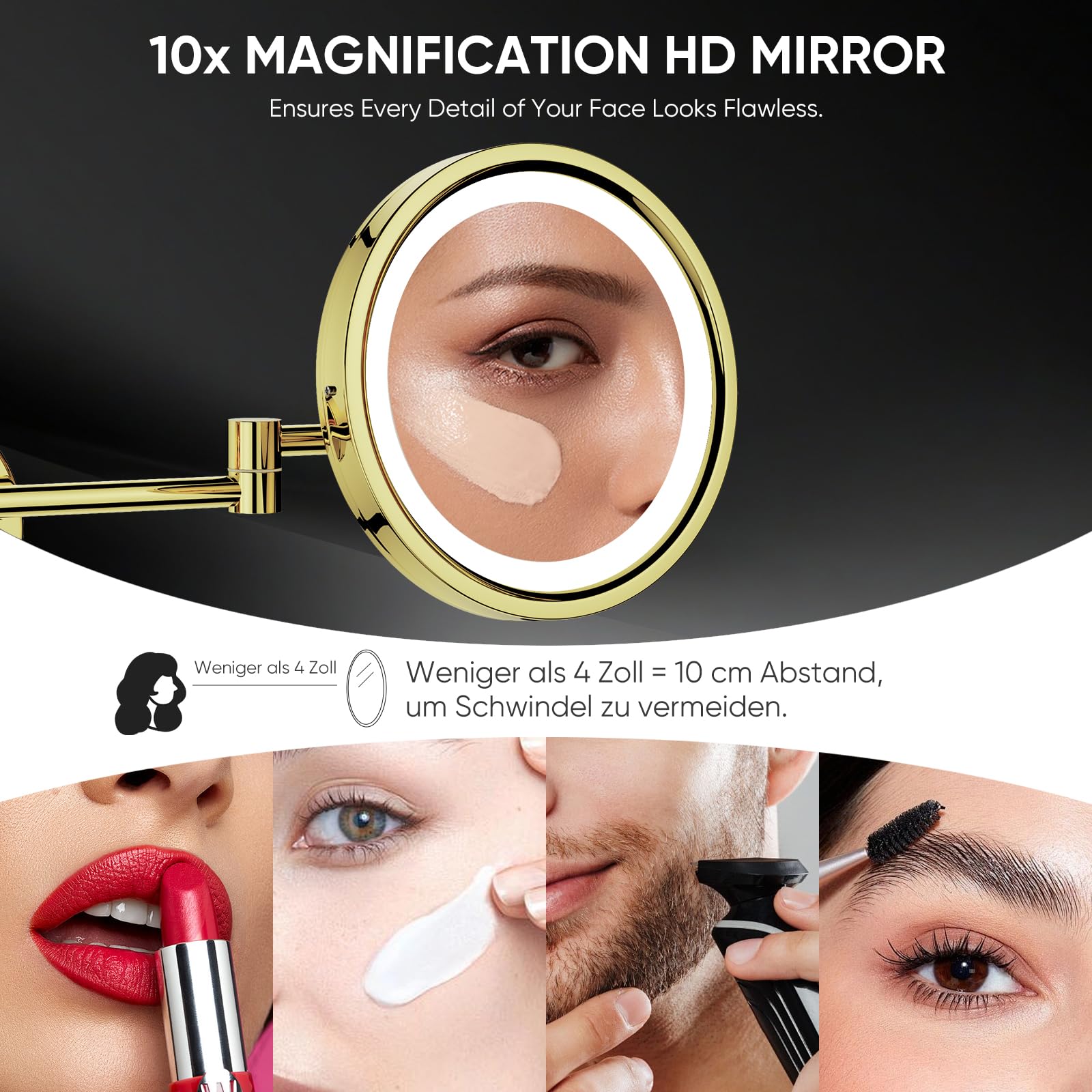 DOWRY Espejo Maquillaje con Luz x10 Espejos de Aumento de Pared Dorados Espejo Extensible Baño,Ø21.5cm