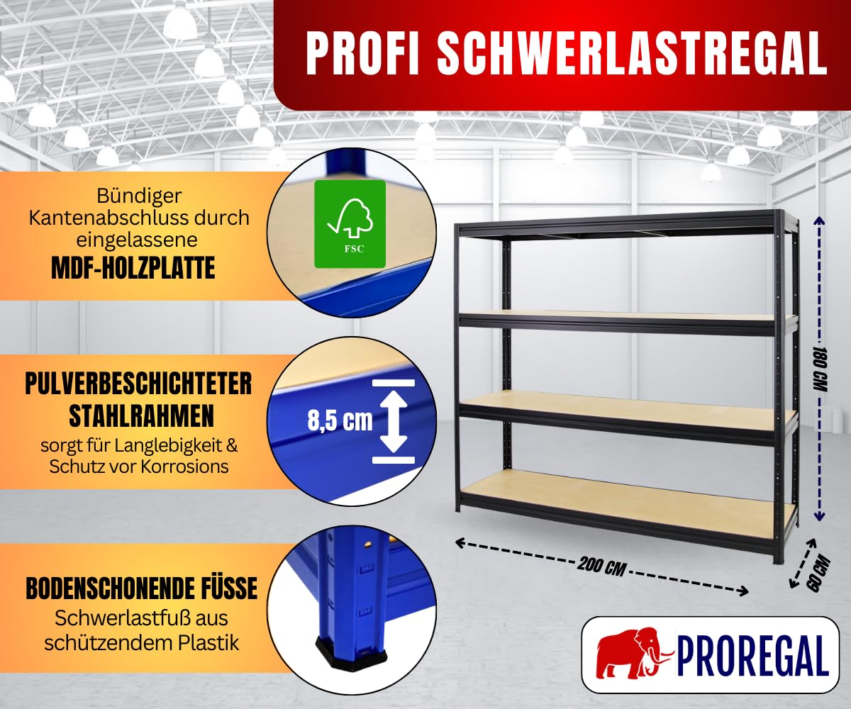 PROREGAL Schwerlastregal Dino Extra Breit 180x200x60 cm Fachlast 500kg Schwarz, Garagenregal, Lagerregal, Steckregal, Weitspannregal