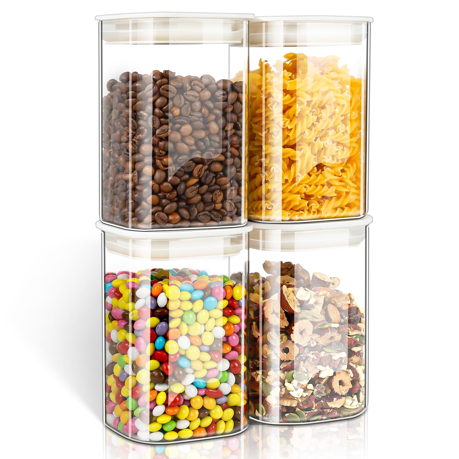 Cozary 1100ml Barattoli Vetro con Coperchio ABS, Set di 4 Quadrati Contenitori Vetro per Alimenti, Impilabili e Lavabili, Barattoli Ermetici in Cucina/Dispensa per Noci, Cereali