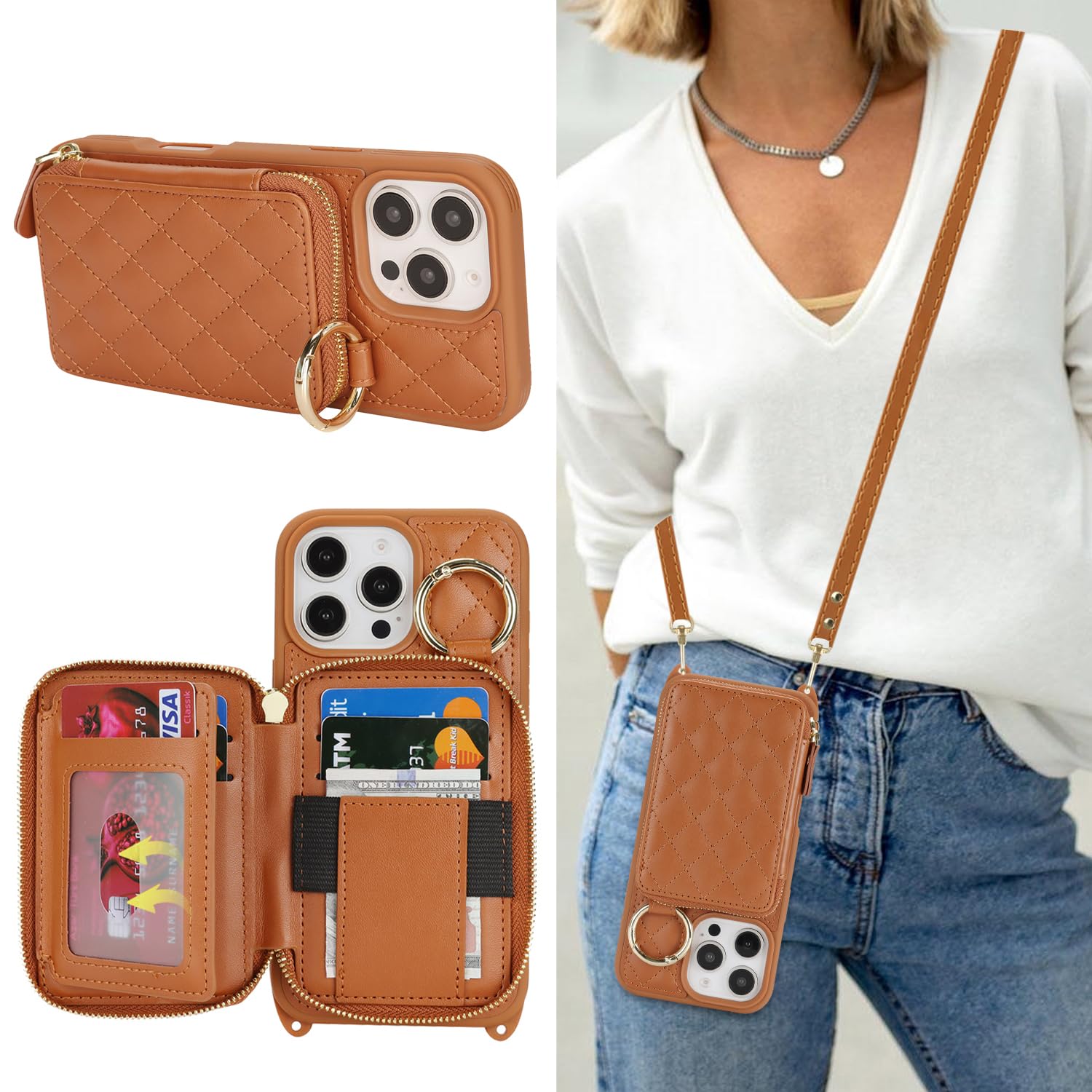 Crossbody Wallet Case for iPhone 16 Pro Max-Brown