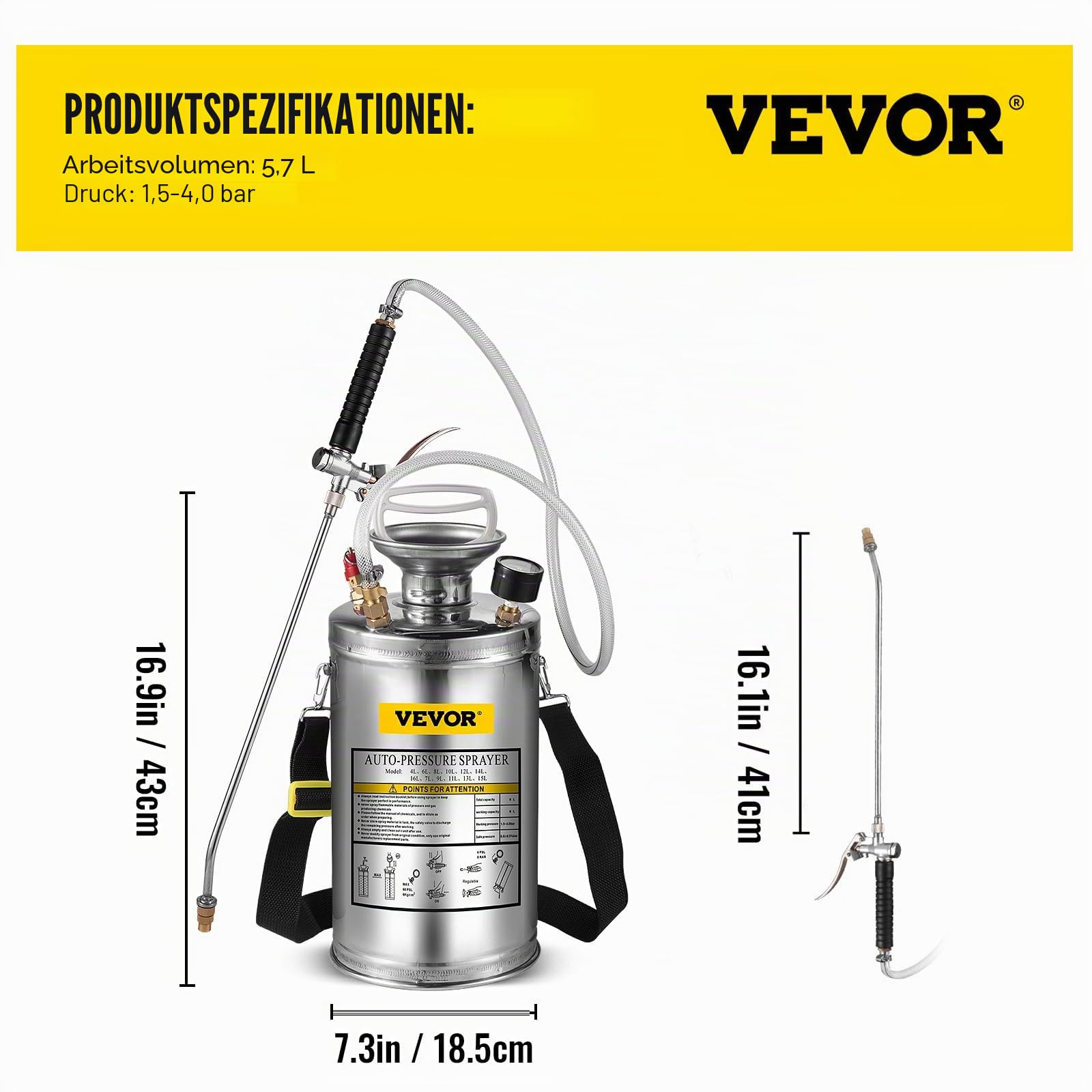VEVOR 6 l Drucksprüher, Edelstahl, Garten, Zerstäuber, für Pflanzen, für Gartenarbeit und Reinigung am Boden, geeignet für die heutigen Anforderungen in Industrie, Landwirtschaft, Handel, Medizin