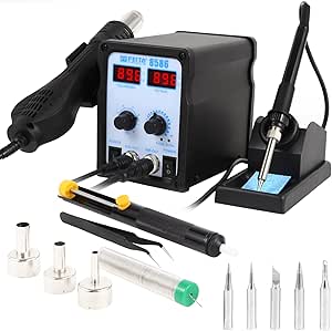 FEITA 8586 SMD Hot Air Rework Station 2 IN 1 Digital Soldering Iron &amp; Heat Air Gun with 5 Solder Tips, 1 Solder Sucker, 1 Solder Wire, 1 Curved Tweezer, 3 Nozzles Kit