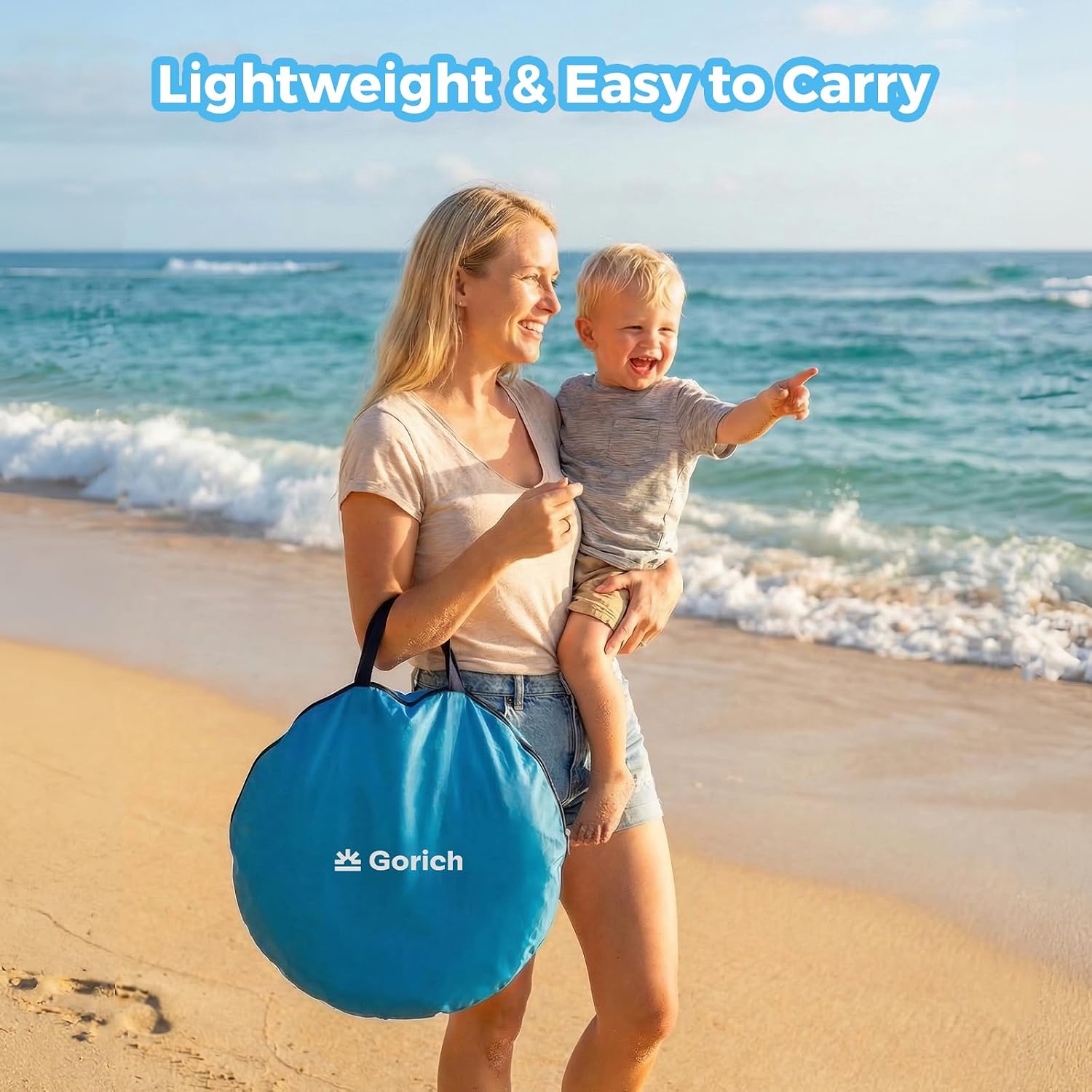 Gorich Pop Up Baby Beach Tent with UPF50+ UV Protection, Portable Toddler Sun Shelter with Mesh Ventilation, Lightweight & Foldable Play Shade Tent for Beach, Park & Backyard
