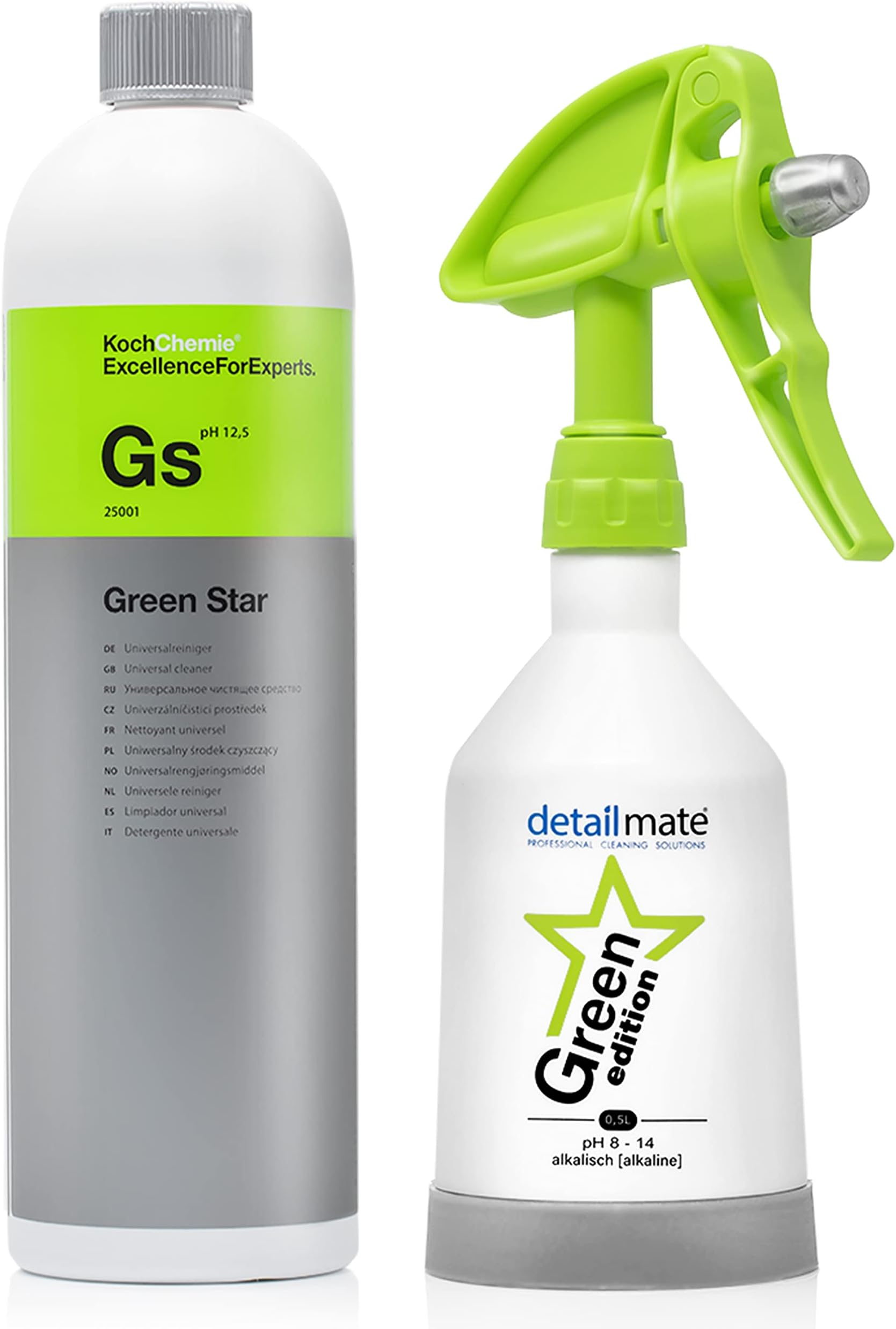 Green Star Set: Koch Chemie GreenStar Universal Cleaner Car Industrial Workshop 1L + Kwazar Mercury Spray Bottle Green Edition - 0.5 L - Suitable for pH 8-14